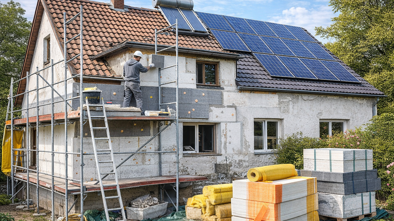 Energetische Sanierung einer Bestandsimmobilie nach GEG Energetische Sanierung einer Bestandsimmobilie mit Fassadendämmung und moderner Heiztechnik gemäß Gebäudeenergiegesetz
